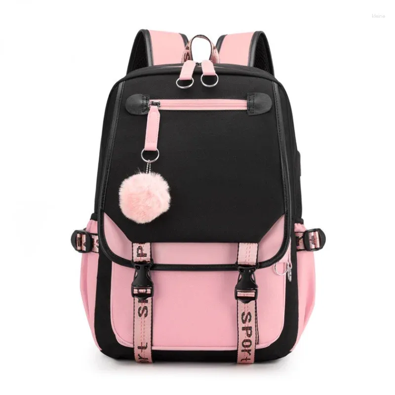 Sacs d'école XZAN Grand pour adolescentes Port USB Toile Cartable Étudiant Livre Sac Mode Noir Rose Adolescent Sac À Dos