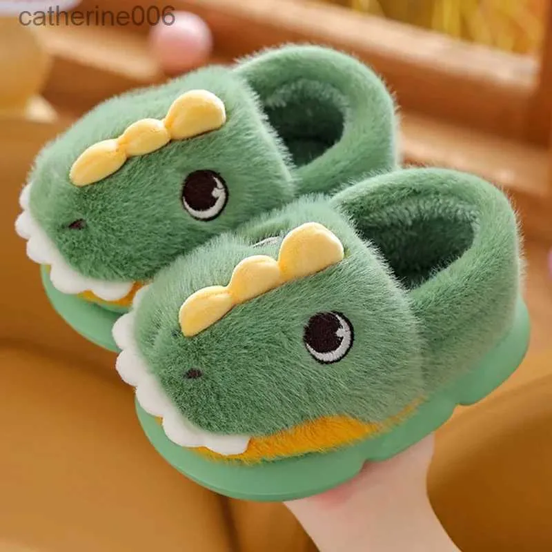 Slipper Leuke Cartoon Dinosaurus Kinderen Pluche Pantoffels Zachte Zool Antislip Winter Warm Baby Jongens Meisjes Indoor Home Hak Wrap katoenen SchoenenL231114