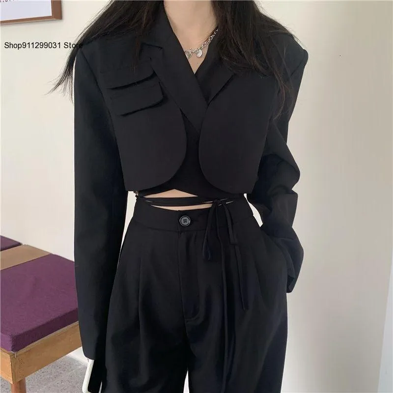 Tweedelige pant voor dames Pant Sexy Chic Crop Blazer Jacket Hoge taille broek Suits Wide Leg Outfit 2 -delige set Fashion voor vrouwelijke zomer 230413