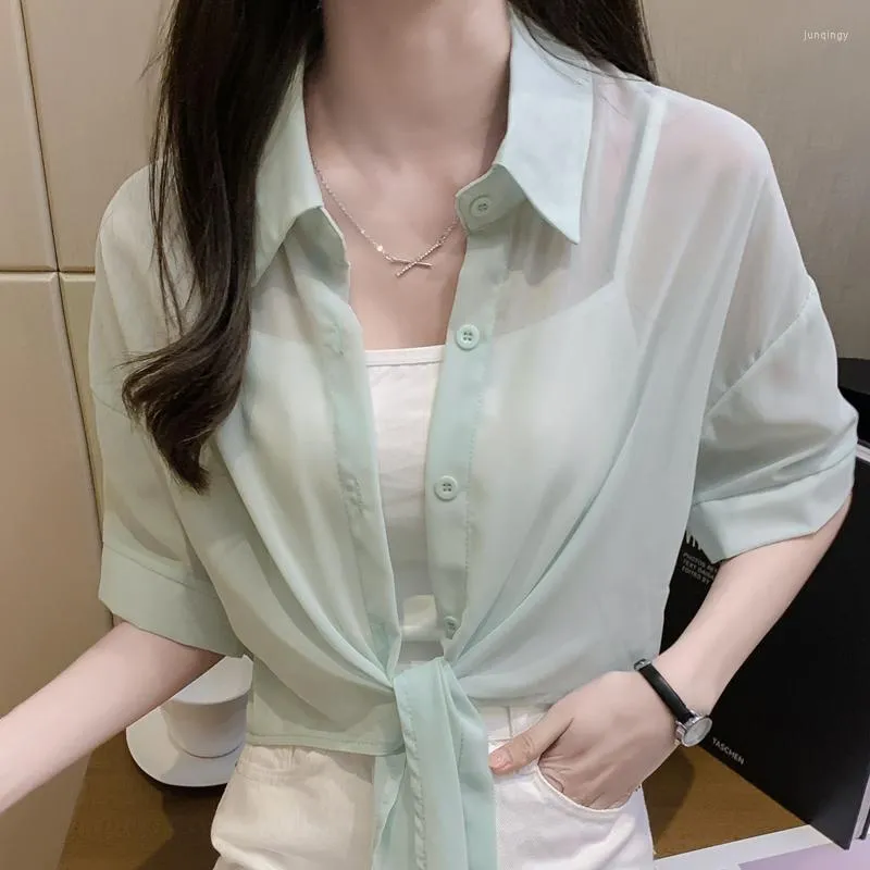 Women's Blouses 2023 Short Sleeve Female Prevented Bask Capes Summer Design Chiffon Cardigans Single-Breasted Sun Protection Ladies Shirts