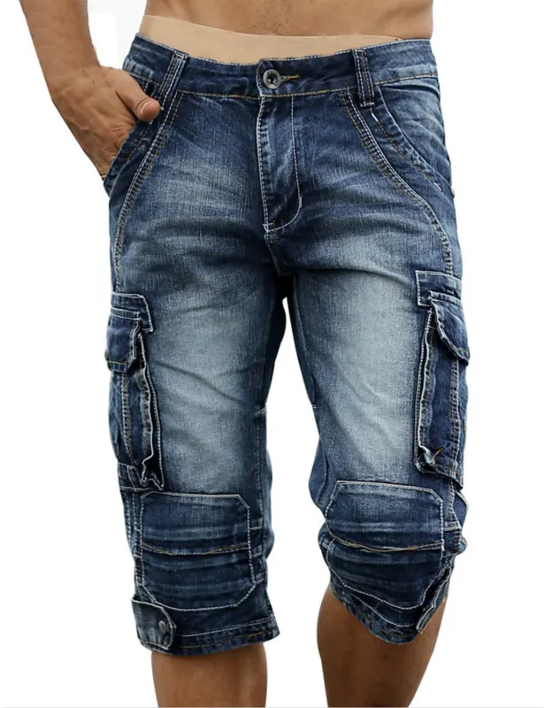 Jeans pour hommes Été Hommes Rétro Cargo Denim Shorts Vintage Acide Lavé Délavé Multi-Poches Style Militaire Biker Jeans Courts pour Hommes 230414