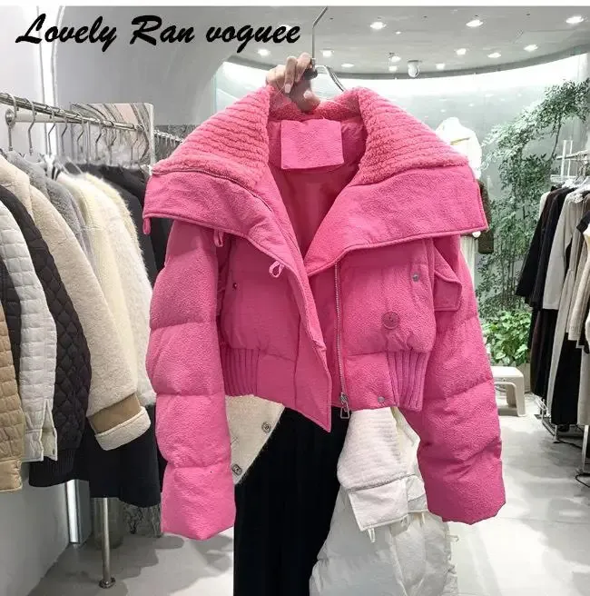 Women Down Parkas Thinken Crop Kurtka kobiet futra golowa długie rękawy ciepłe żeńskie płaszcz parka zimowa ulica luźna puffer bawełna 231114