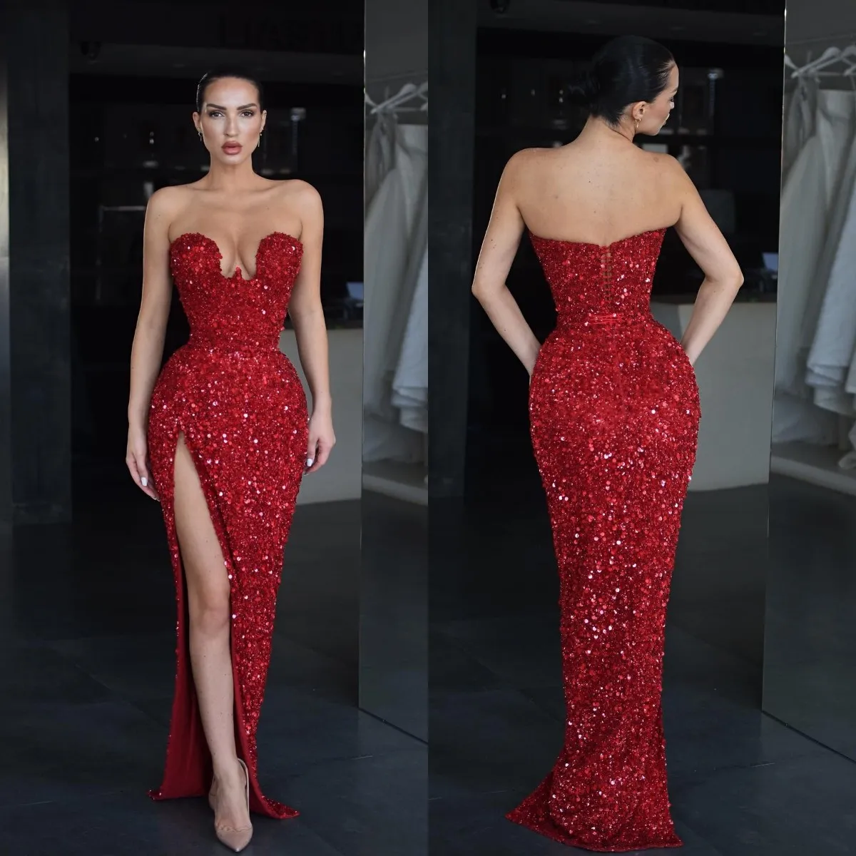 Red Mermaid Prom Dresses Sweetheart paljetter Evening Dress Split Formal Long Special OCN Party Dress