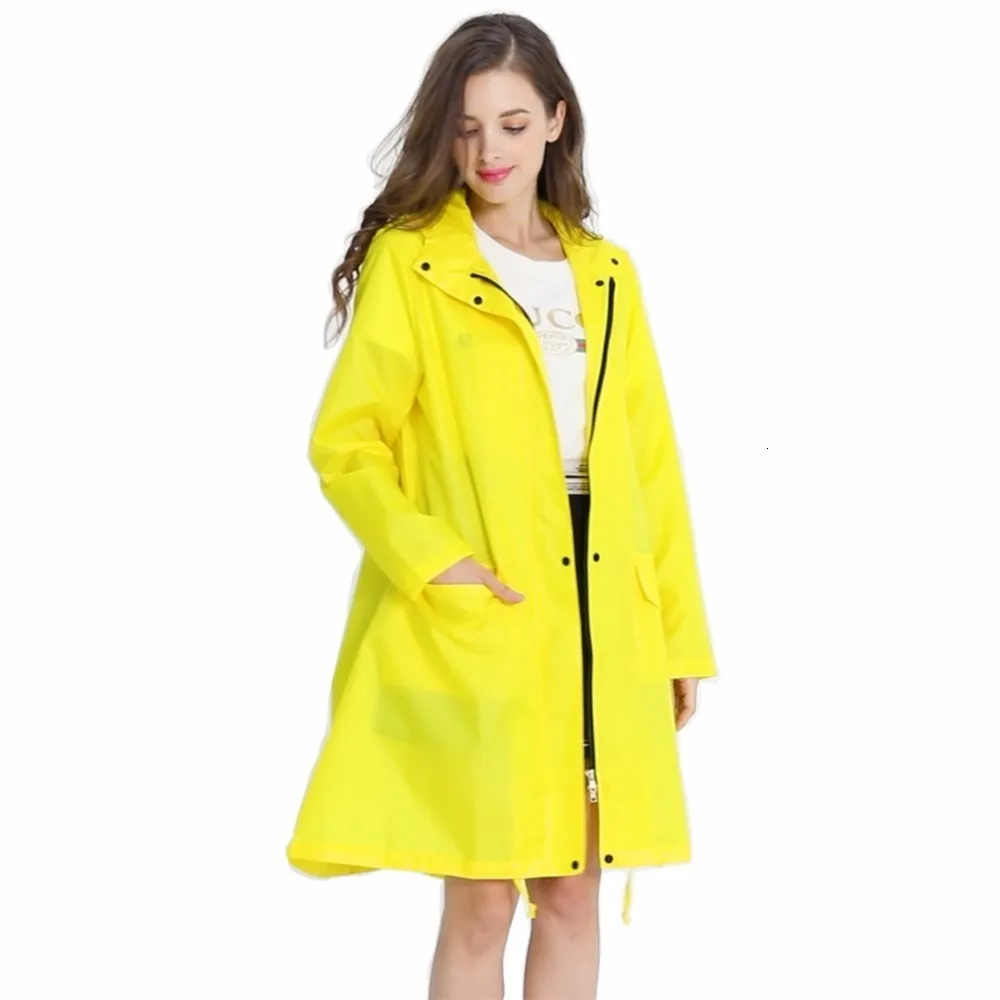 Regnrockar Kvinnor Stylish Solid Yellow Rain Poncho Waterproof Raincoat With Hood and Pockets 230414