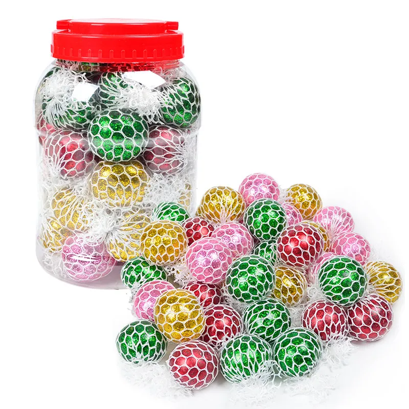 5 cm/6 cm/7 cm squishy ball fidget speelgoed glitter poeder water kralen mesh squish squish druiven ball anti stress knijp ballen stress verlichting decompressie speelgoed angst relieverieverd