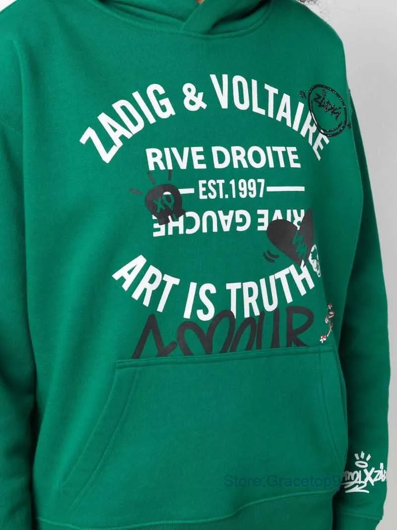 Kvinnor Hoodies Sweatshirts Zadig Voltaire Tide Designers Classic Printing Hot Diamond Green Inner Fleece Women Luxury Hoodie Fashion Pure Cotton Crew Neck Ap Fjed