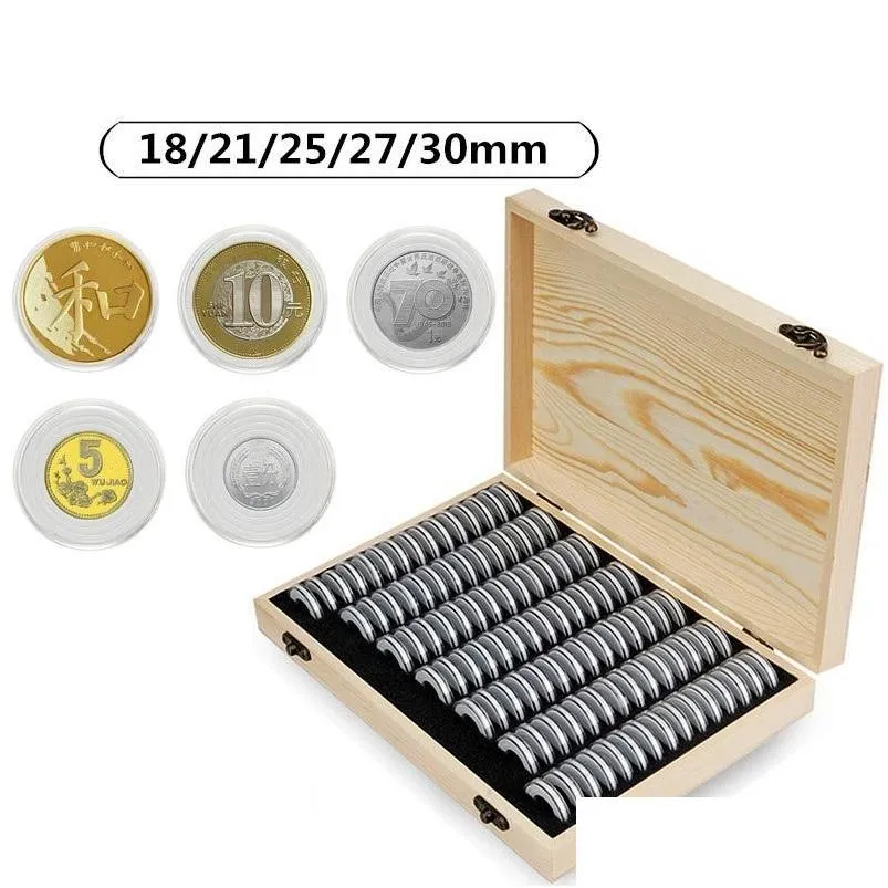 Boîtes De Rangement Bacs 100Pcs / Set Coin Box Réglable Antioxydant En Bois Commémorative Collection Case Conteneur Avec Coussin De Réglage Dhm5J