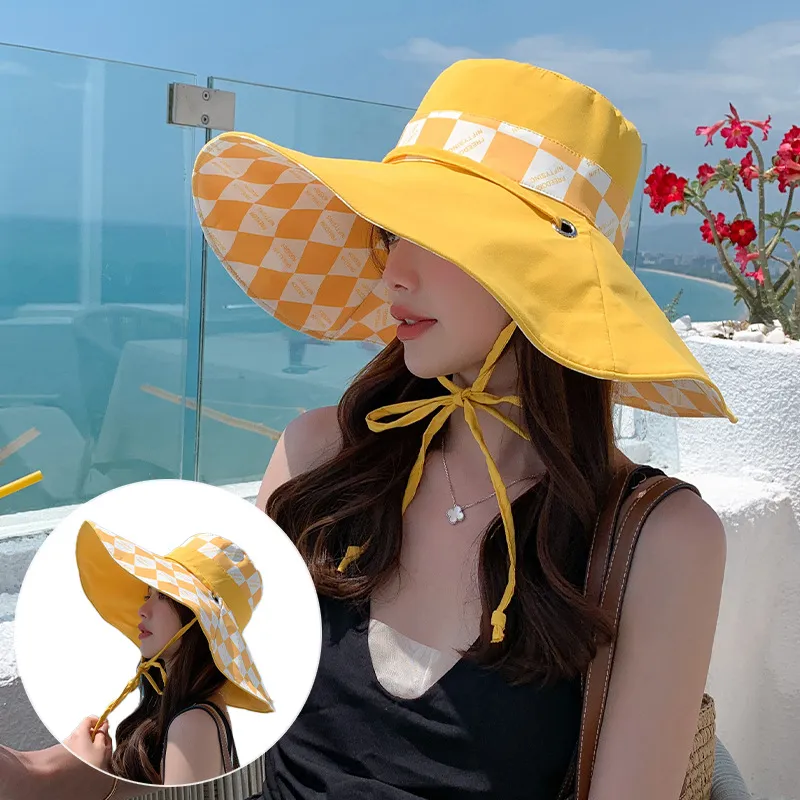 Designer Checked Foldable Bucket Hat Double Sided Wear Fashion Ladies  Summer Fishing Cap Wide Brim Bamboo Hats Womens Beach Sun Visor Black  Yellow