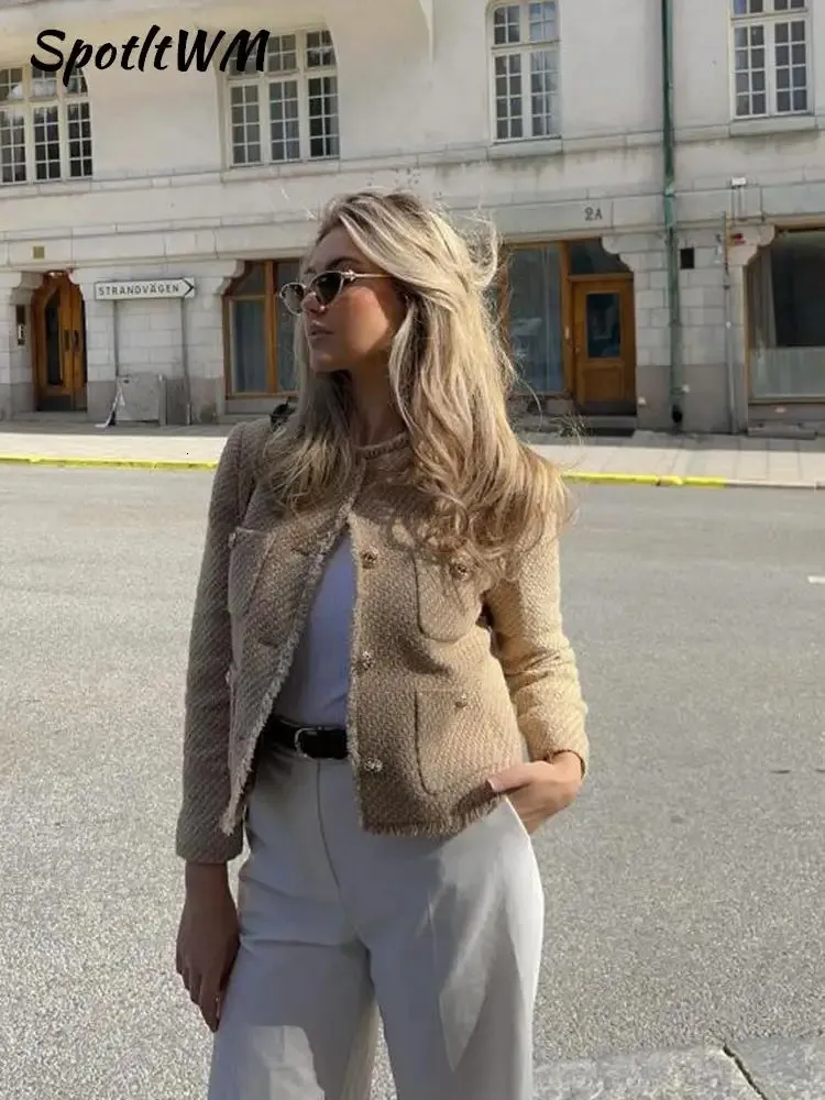 Jaqueta Cortada De Lã Sólida Feminina, Casual De Manga Longa Etono