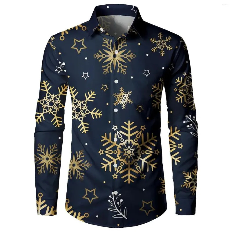 Camisas casuais masculinas camisa de natal navidad blusas topos engraçado 3d-impresso temático feio de manga comprida flocos de neve lapela-pescoço camisas