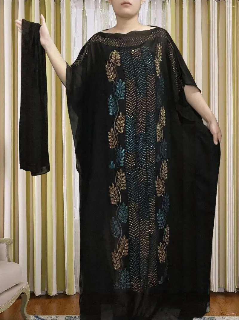 Roupas étnicas Vestidos africanos para mulheres 2023 O-pescoço trocadilho preto abaya roupas de verão muçulmano Islã manga curta maxi túnio com turbante