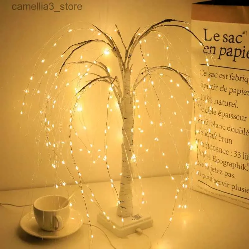 Veilleuses 8 modes LED saule pleureur éclairé avec guirlande lumineuse pour Noël, fête, festival, mariage, décoration de chambre à coucher Q231114