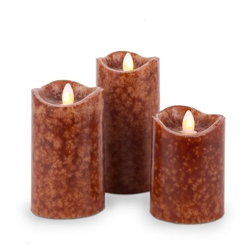 Lot de trois bougies pilier à 3 LED marron avec flamme aurore et télécommande pour mariage et Noël 231113