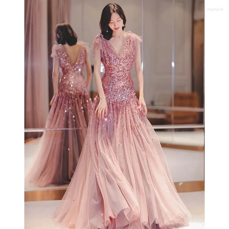 Ethnic Clothing Women Pink Sparkly Exquisite Sequins Evening Dress Elegant V-neck Backless Formal Long Fishtail Vestidos