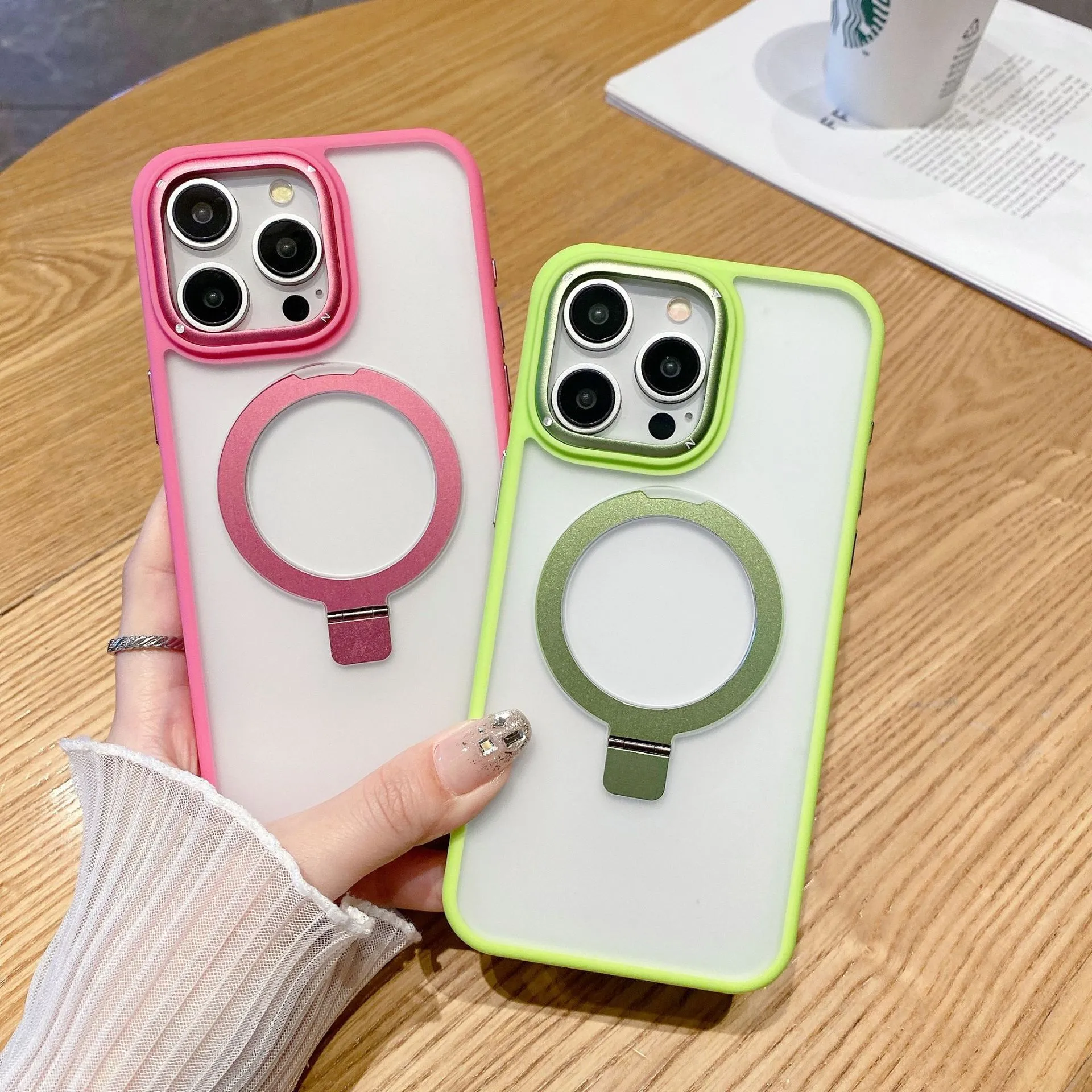 iPhone 15 Pro Max Plus Magnet Wireless 충전 Frosted Funda 용 Shockproof Magnet Ring Holder Phone Case Case Case