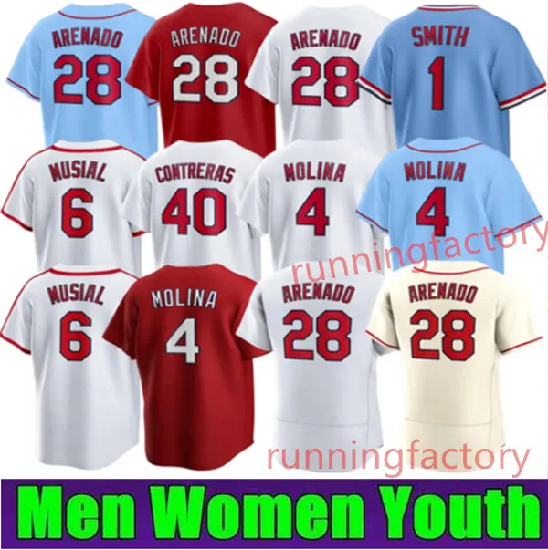 Yadier Molina tröjor Nolan Arenado Cardinal basebolltröja 4 28 Herr Dam Ungdom barn blå vit röd sydd