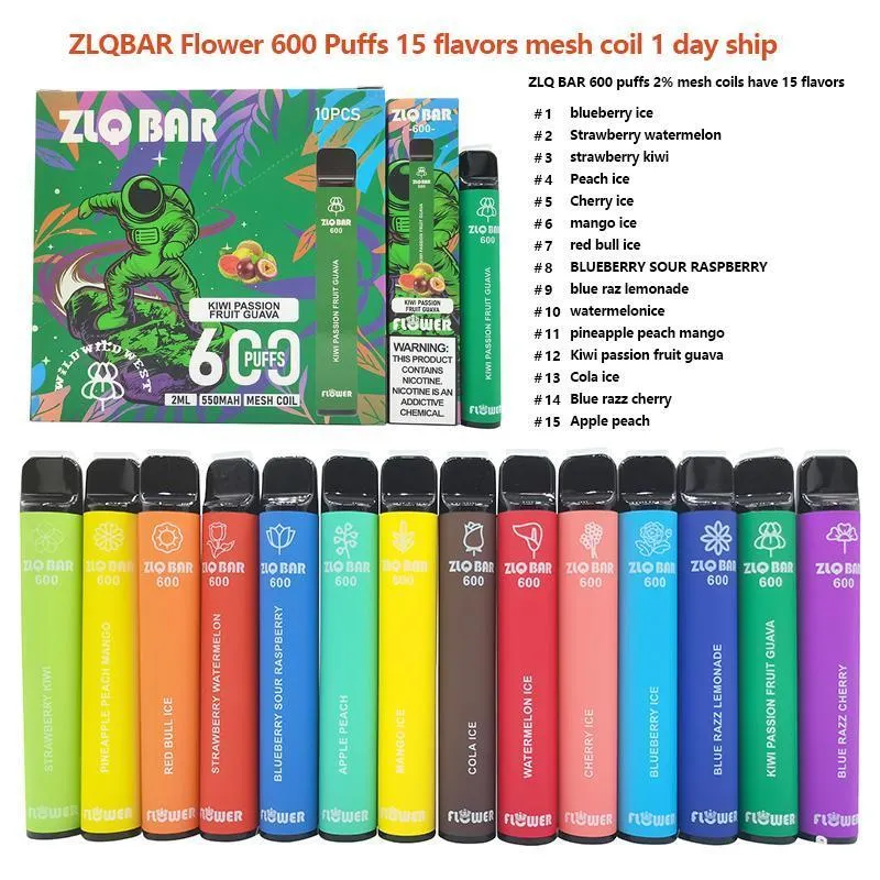 E Cigaretter ZLQ Bar 600Puffs Förfylld engångsanordning Cigarettelektronique ångor Disponibla puff 550mAh 2% 0% 15Colors Randm