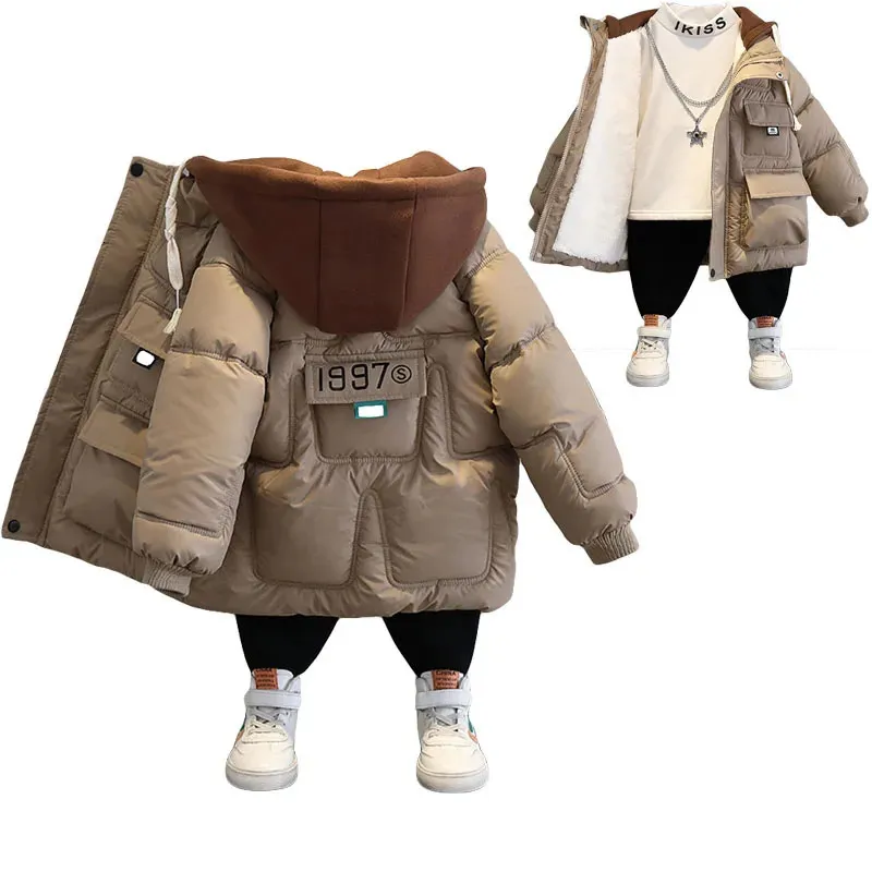 Manteau en duvet pour garçons, manteaux rembourrés, en velours, épais et chaud, à capuche, vêtements en coton, combinaison de neige, 2023, 231113