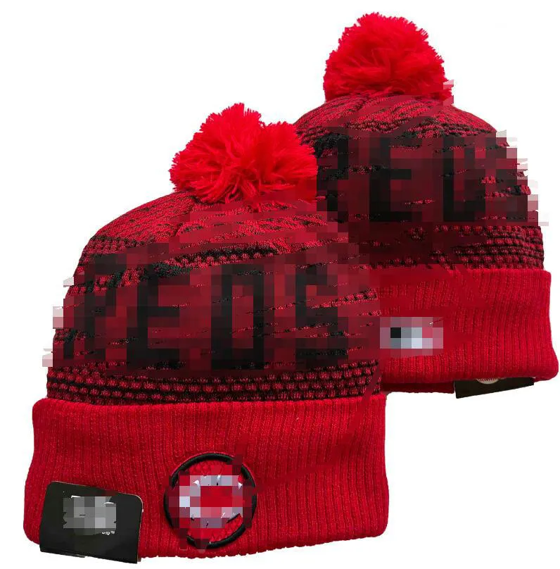 Reds Beanie Cincinnati Bonnets Toutes les 32 équipes tricotées à revers Pom Casquettes de baseball Chapeaux de baseball rayés en laine chaude USA College Sport Chapeaux en tricot Casquette pour femmes a0