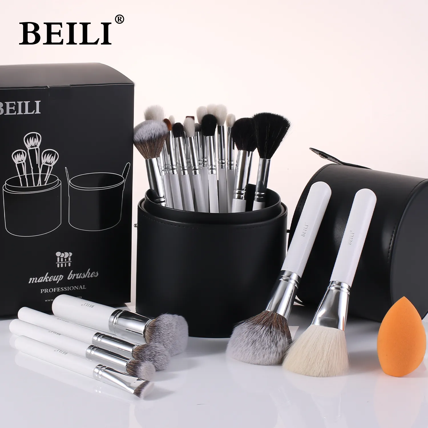 Makyaj Araçları Beili Fırçalar Set 24 PCS Kadınlar için Makyaj Toz Göz Farı Allık Fırçası Doğal Keçi Saç Beyaz Gümüş 230413