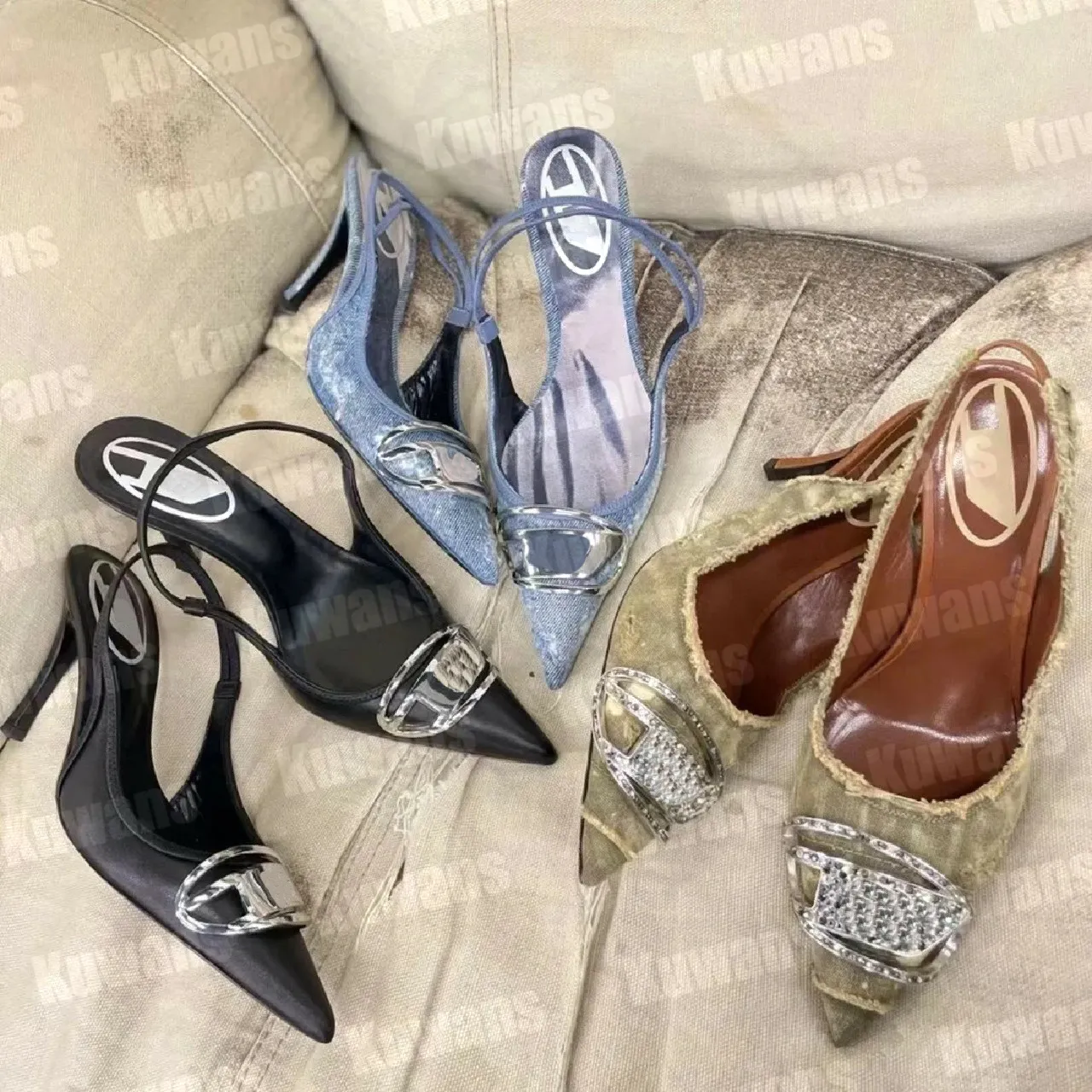 D-Venus SB Kot Topuklar Slingback Bayan Sandalet Pompalar D Kittie Canvas D Venus Beach Yaz Lüks Tasarımcı Yüksek Terlik Parti Seksi Düğün Deri