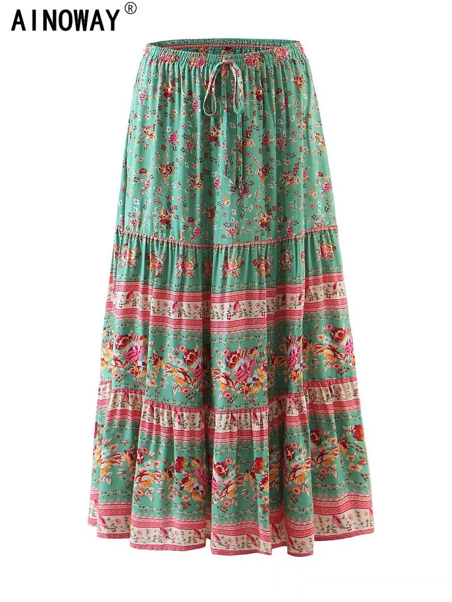 Green Floral Print Bohemian Maxi Skirt Rayon Cotton Beach Skirt for Women