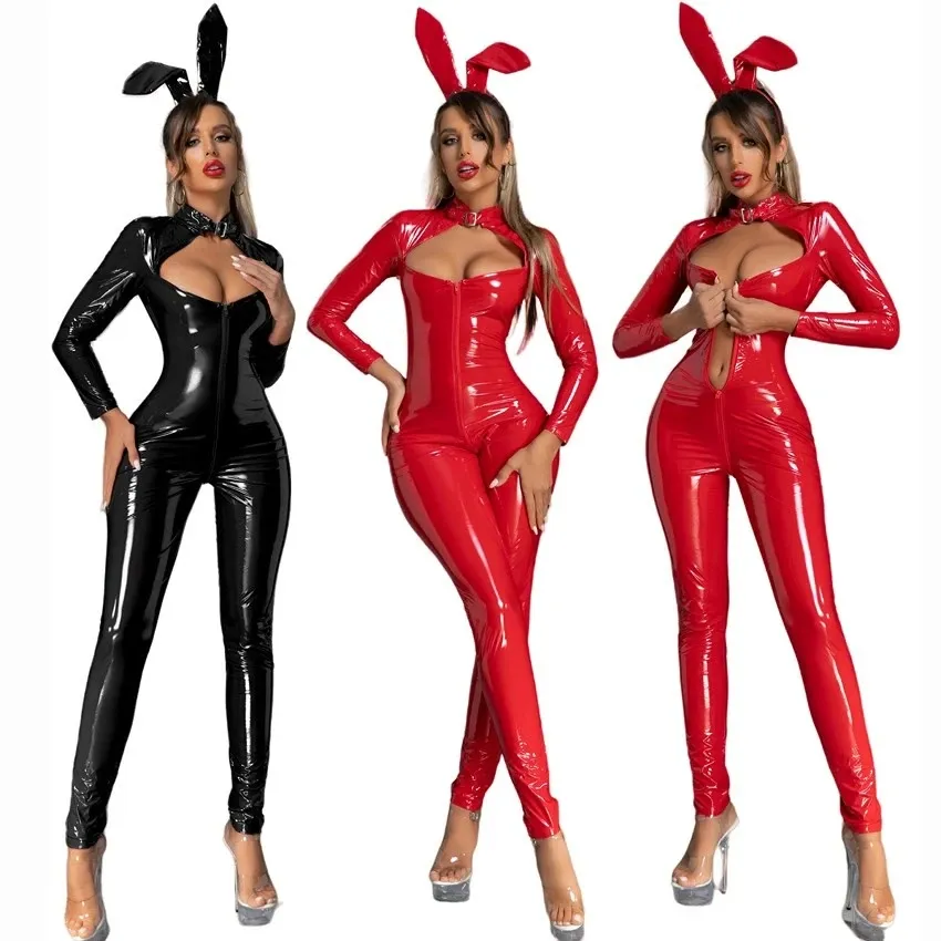 Catsuit Costumes Women Sexy Wetlook Faux Leather Catsuit PVC Latex Bodysuit Front Zipper Open Crotch Clubwear PU Jumpsuit Lingerie Bunny Costumes