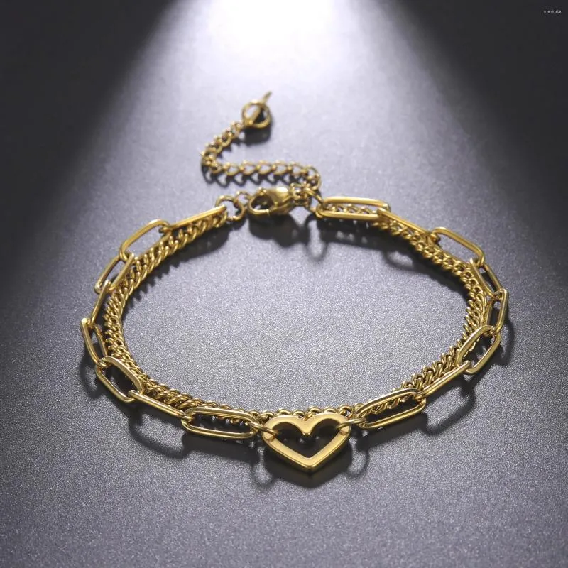 Länk armband romantisk ihålig hjärta hänge rostfritt stål charm armband dubbel lager pappersklipp kedja för kvinnliga smycken vänner trendiga