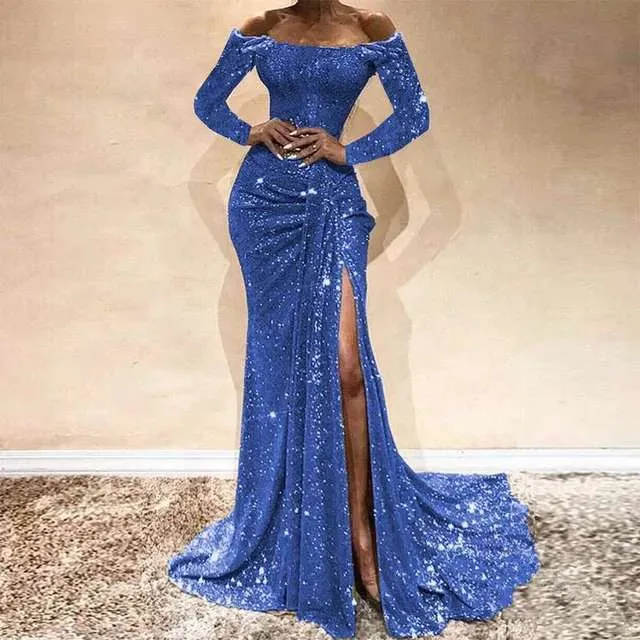 Urban Sexy Dresses Girls Sexy Boat Neck Off Shoulder Sequined Evening Gowns Side Split Mermaid Dress Long 231114