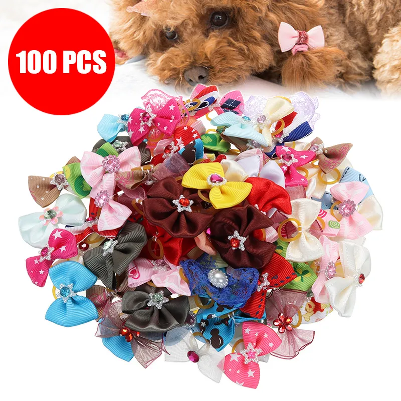 Diğer Kedi Malzemeleri 100 PCS Köpek Kılı Bows Topknot Çok renkli Pet Yavru Köpek Çiçek Peals Tımar Ürünleri 230414