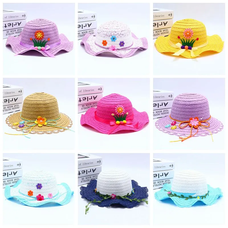 Girls Straw Hats Flowers Kids Beach Caps Sunscreen Princess Hat Child Outdoor Fisherman Hat Sun Protection Baby Kindergarten Infant Fedora Floppy 73 Color BC629-2