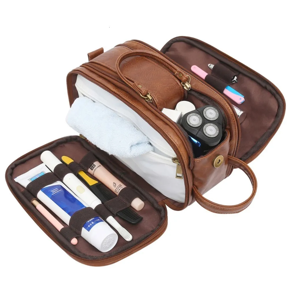 Vintage Leather Toiletry Bag for Men Waterproof Travel Wash Case Pouch Shaving Dopp Kit Bathroom PU Makeup Organizer Cosmetic Bag