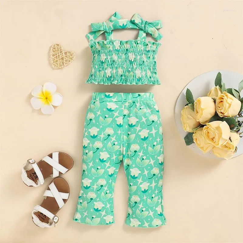 Kläder sätter 2st sommar spädbarn flicka kläder mode bandage blommiga trycktankar toppar byxor elastiska midja babykläder