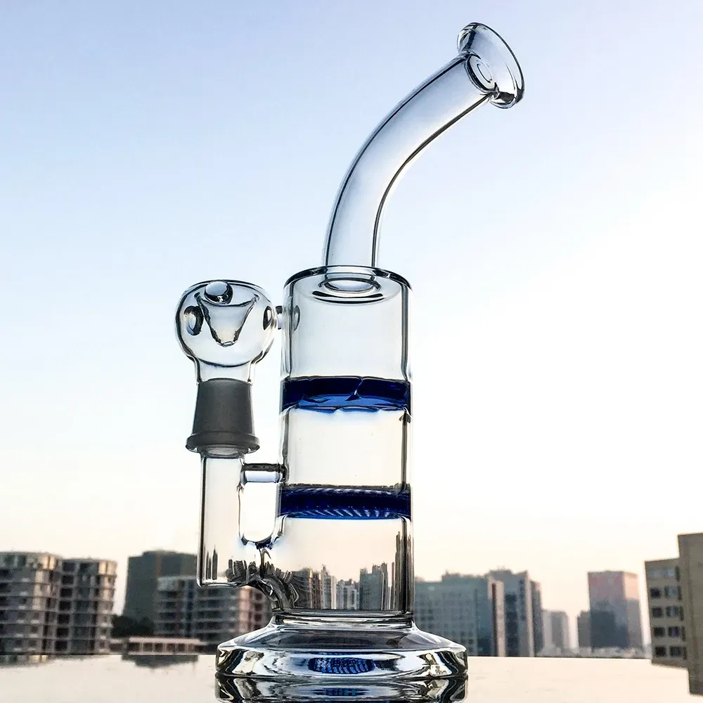 10 Inch Blue Clear Heady Honeycomb Hookahs 18mm Male Joint Glass Bongs Turbine Bent Type Oil Dab Rigs Disc Slitted Donut Perc Water Pipes Smoking Accessories WP101