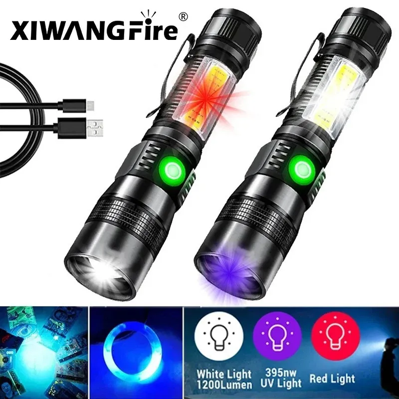 야외 기기 1200LUMEN LED LED FLOAGELIGHT MAGNETEC UV LILL COB SIGHT TORCH 캠핑을위한 줌 수성 방수 231114