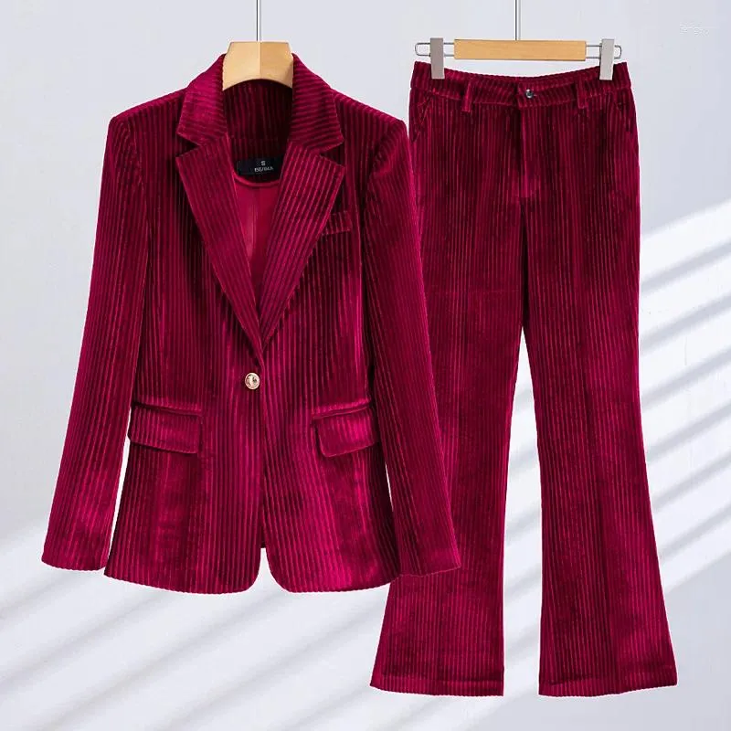 Pantalones de dos piezas para mujer Moda Terciopelo a rayas Traje de pantalón para mujer Otoño Invierno Rojo Verde Negro Azul Ropa de trabajo Blazer y pantalón formal para mujer