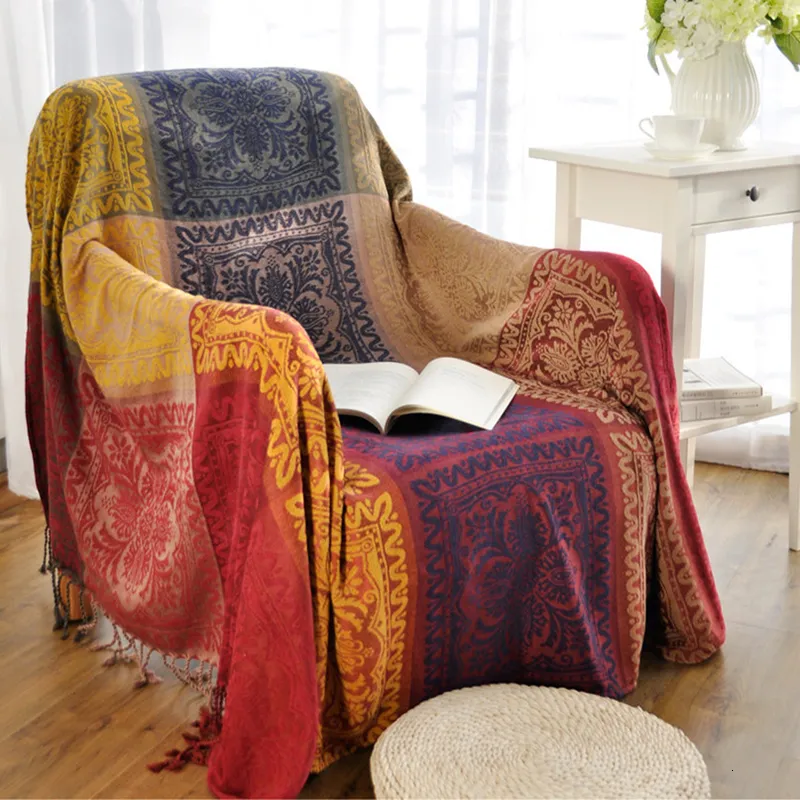 Blankets Ethnic Bohemian Grid Yarn-dyed Knitted Chenille Sofa Cover Blanket Towel Bed Wall Boho Decor Slipcover Travel Picnic Pad Mat 230414