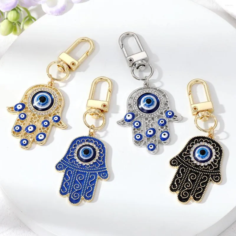 Keychains Bling Hollow Evil Eye Hamsa Hand Keychain Key Ring For Women Men Zircon Fatima Blue Bag Car Airpods Box Accessories