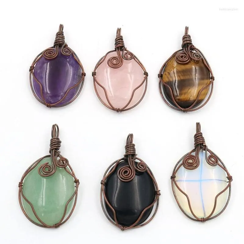 Pendant Necklaces XSM Natural Stone Pendants Antique Copper Plated Wire Winding Oval Shape Amulet Necklaces' Reiki Healing Jewelry