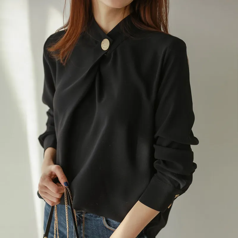 Kvinnors blusar skjortor Office Ladies Solid Long Sleeve Tops and Shirts Elegant Slim Women Bluses Shirt Round Neck Soft Bulus Femme High Quality 230414