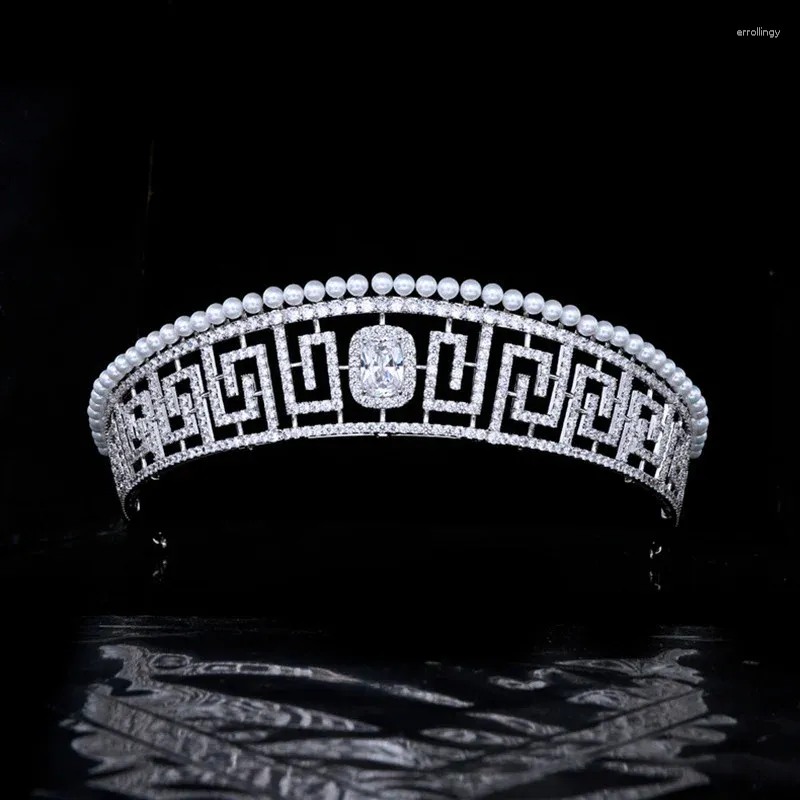 Klipsy do włosów retro okrągły wzór Perła Królewska księżniczka Korona duża cyrkon Bride Wedding Tiara Biżuteria HQ0316