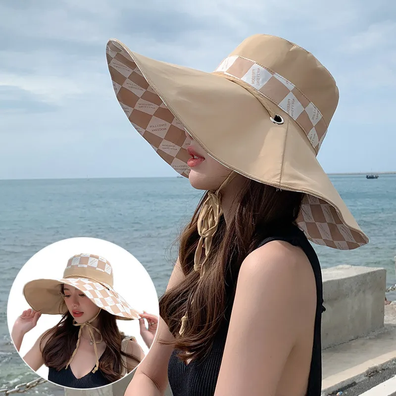 Designer Checked Foldable Bucket Hat Double Sided Wear Fashion Ladies  Summer Fishing Cap Wide Brim Bamboo Hats Womens Beach Sun Visor Black  Yellow