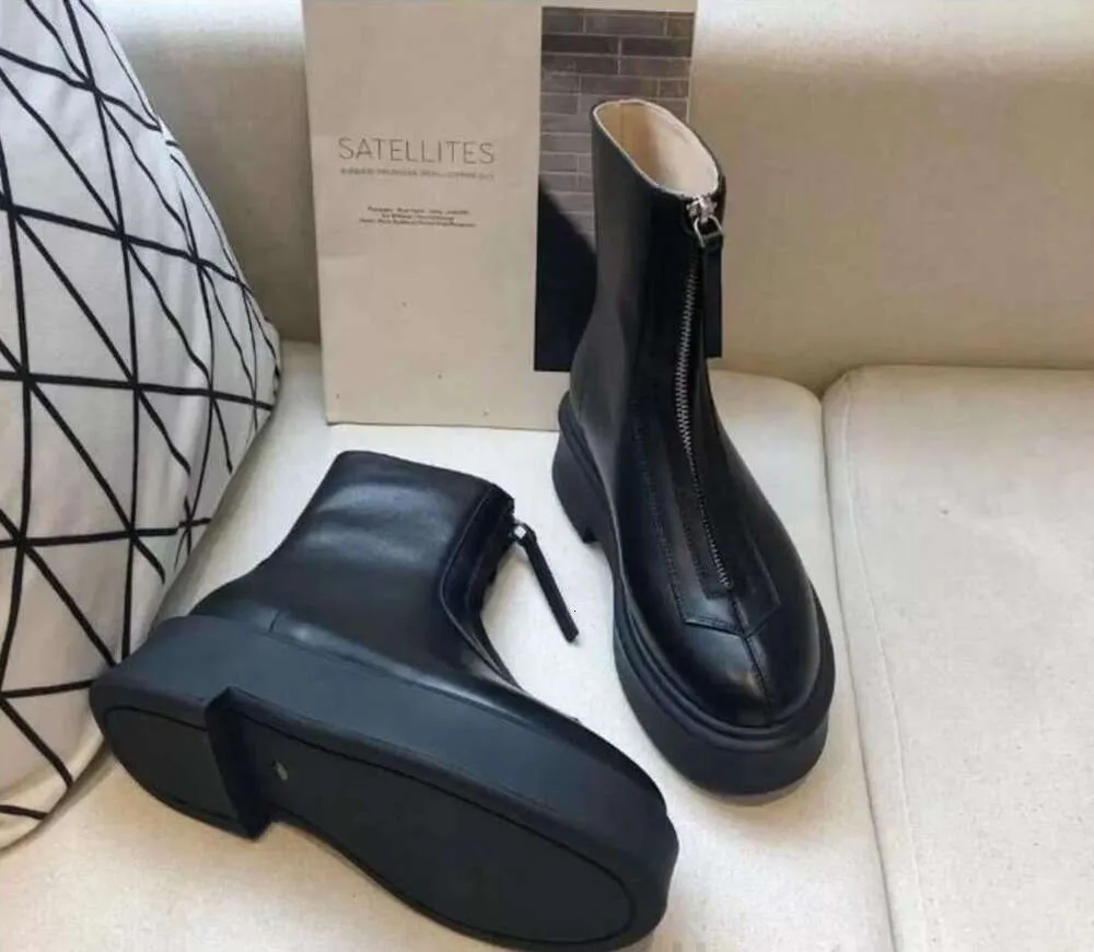 Ankel chelsea stövlar platta kilar chunky boot slät läderplattform blixtlås slip-on rund tå block klackar raden för kvinnor fabriksmode läderskor