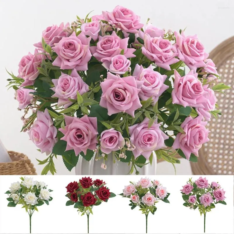 Kwiaty dekoracyjne sztuczny kwiat róży 7 głowa fałszywy symulowane plastikowe róże wielorakim imprezę na podwórku ślubnym dekoracja ogrodu
