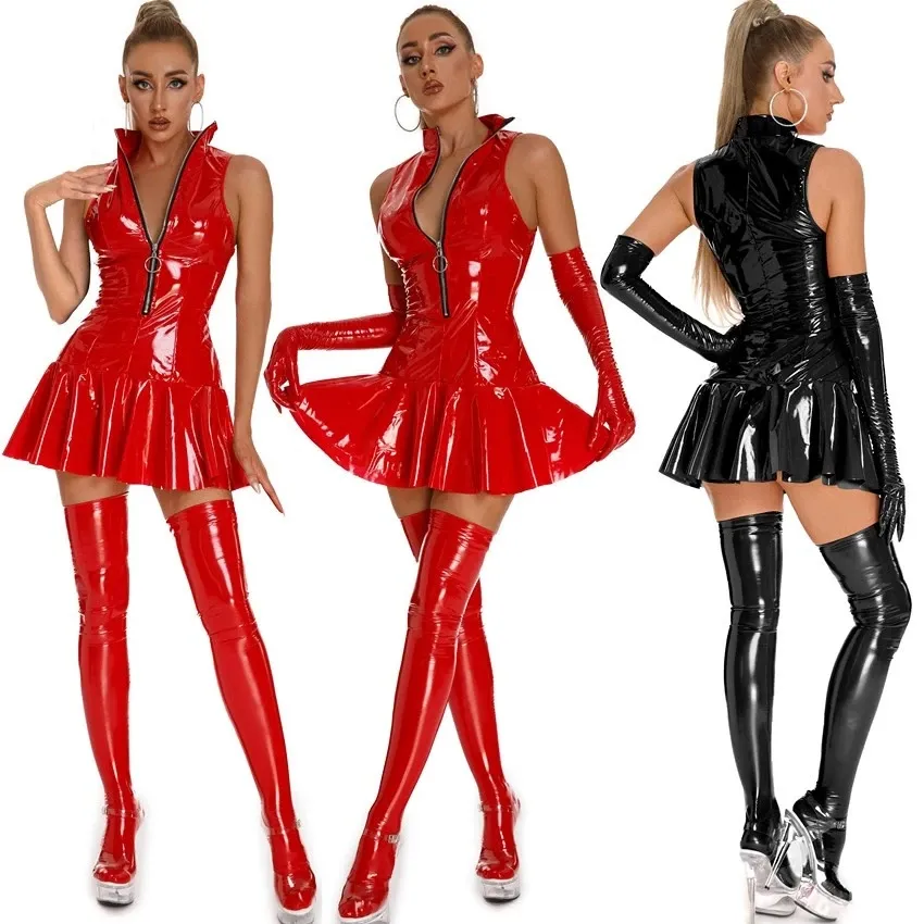 Sexy Kostüme Frauen Sexy Club Reißverschluss Wetlook PVC Leder Mini Plissee Kleid Stehkragen Ärmellos Wrap A-Linie Mini Clubwear Fetisch Sex Kleid