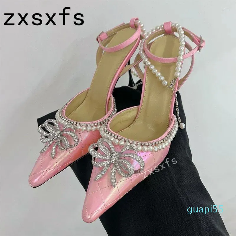 Sandales 2023 été haute qualité en cuir perle talons fins femmes bout pointu boucle sangle pompes marque Sexy chaussures de fête