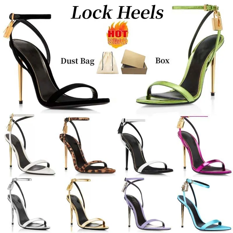 2024 Women 24S Elegant luxury Brand Shoes Padlock Pointy Naked Sandals Shoes Hardware Lock and key Woman Metal Stiletto Designer High Heel Party Wedding Dress Shoe
