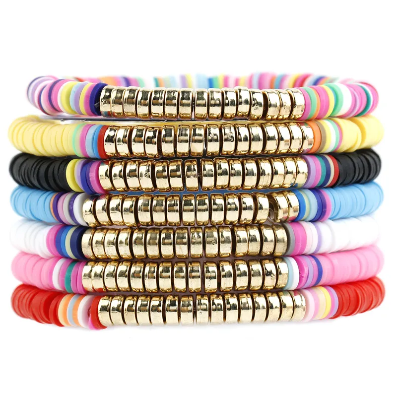 6mm Beaded Strands Surfer Heishi Bracelets Stackable Colorful Stretch Gold Bangle Elastic Bohemia Summer Beach Jewelry Gifts for Women Friends Family Lover Couple