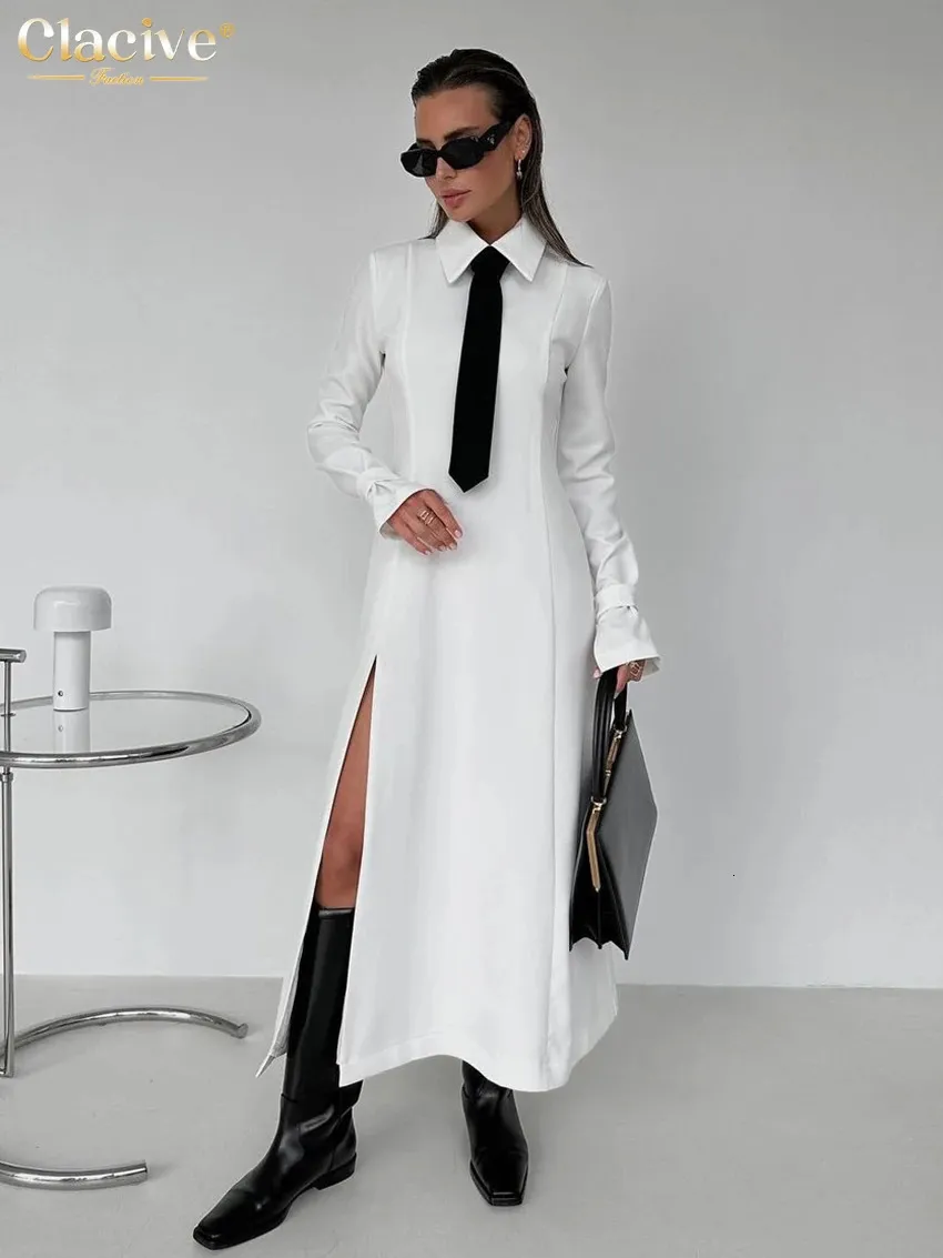 Grundläggande casual klänningar Claceive Fashion Slim White Office Dress Lapel Long Sleeve Ankle Längd Elegant Classic Slit för kvinnor 2024 231113