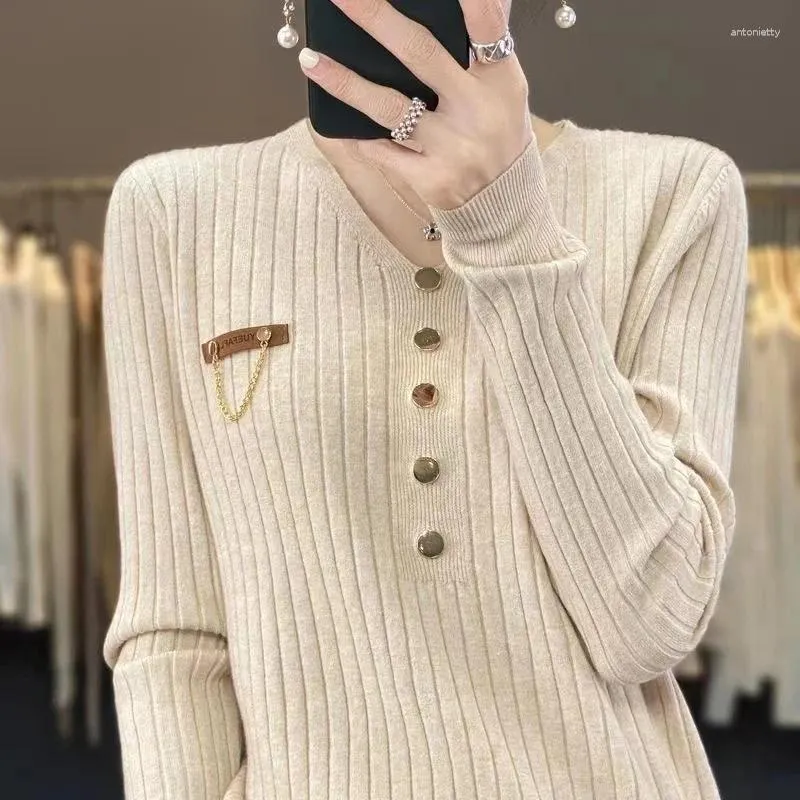 Damestruien Korea-stijl V-hals Gestreepte Knop Chique Meisjes Dame Herfst Gebreide Trui Basic Shirt Mode Dames Casual